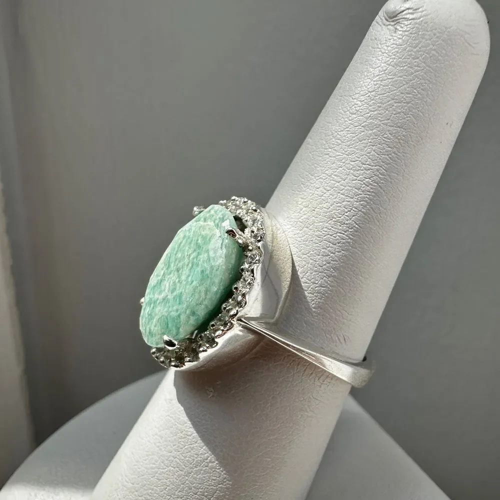 NWOT 15x11mm Oval cut Amazonite w/ halo of cz‎ diamonds in sterling silver!